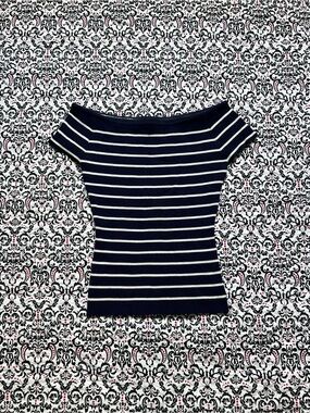Women's Navy and White Striped Off-Shoulder Ribbed Top